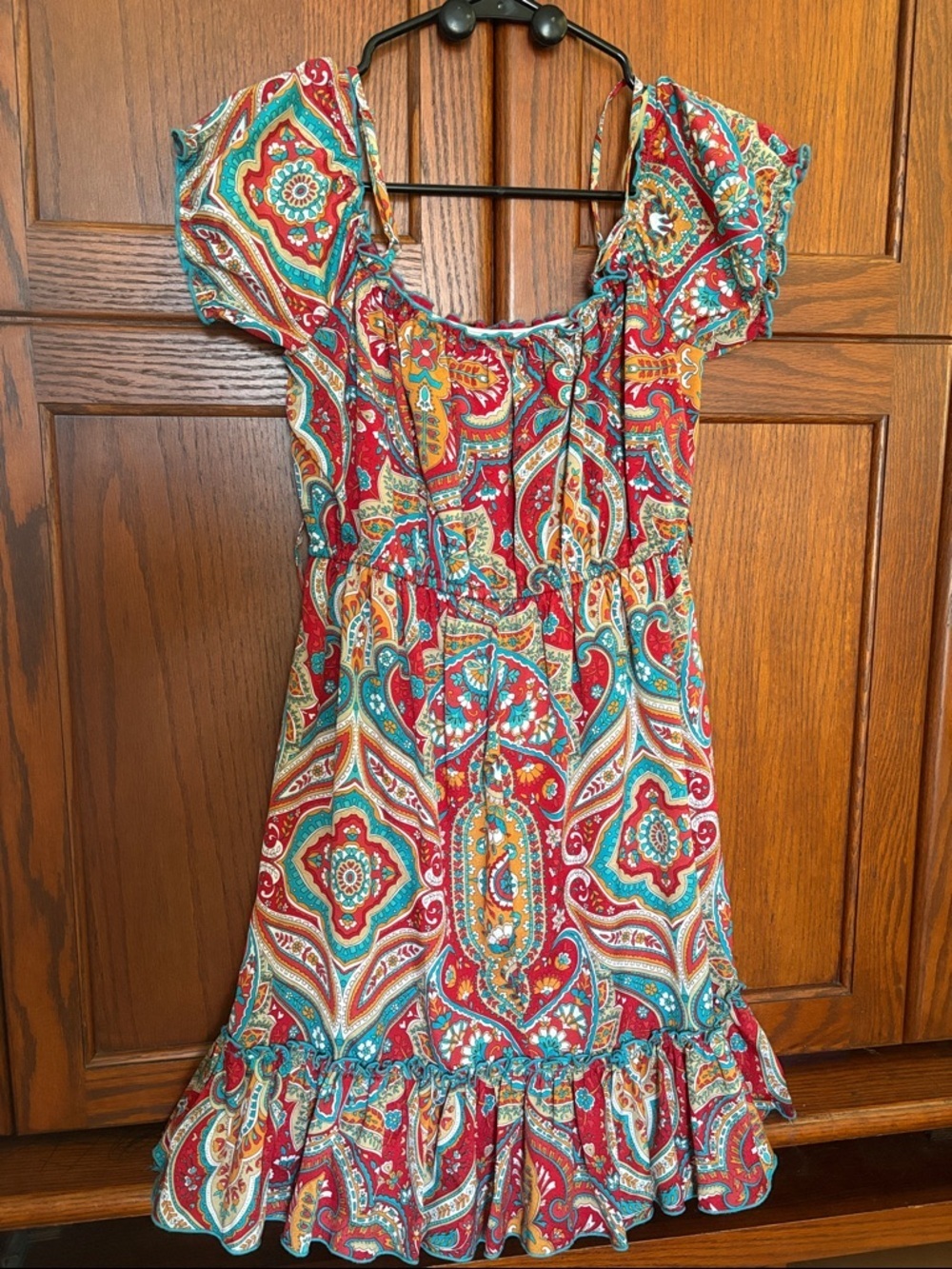 Twenty - six, Bohemian Paisley Mini Dress in Red and Teal